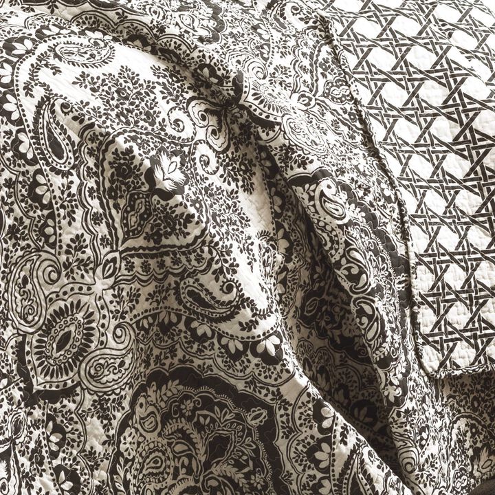 Hivvago Queen size 3-Piece Quilt Set 100-Percent Cotton in Charcoal Damask