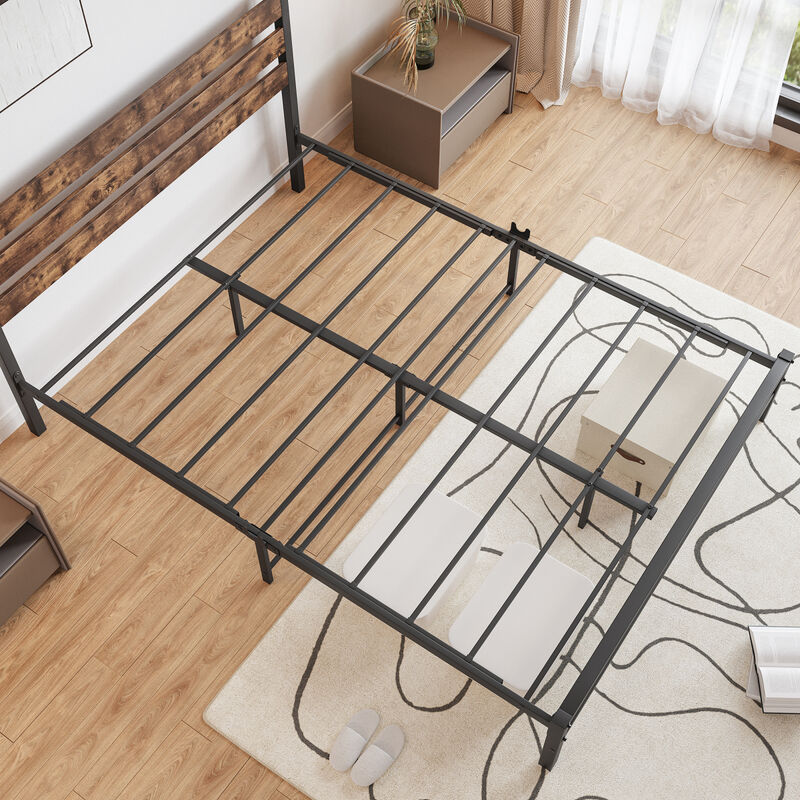 Queen Size Platform Bed Frame With Rustic Vintage Wood Headboard, Strong Metal Slats Support