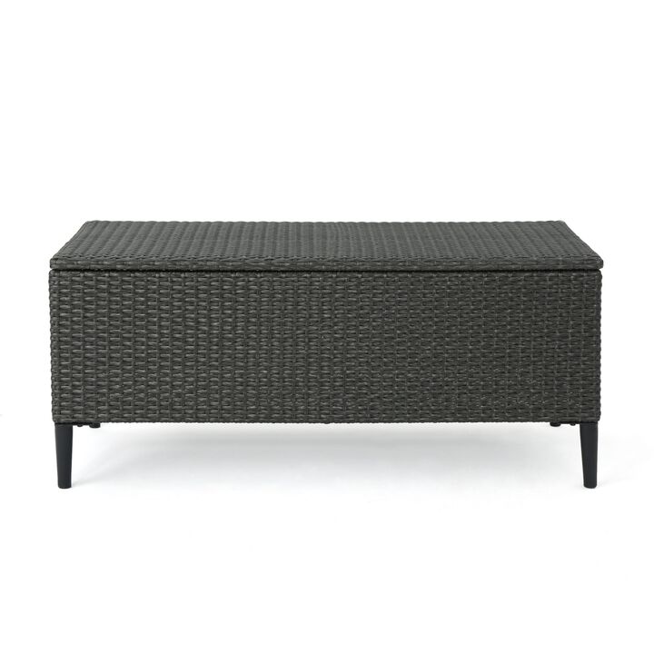 Gert Outdoor Wicker Bench with Storage, 42 Inch Iron, Gray Rattan - Benzara