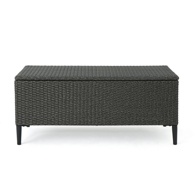 Gert Outdoor Wicker Bench with Storage, 42 Inch Iron, Gray Rattan - Benzara