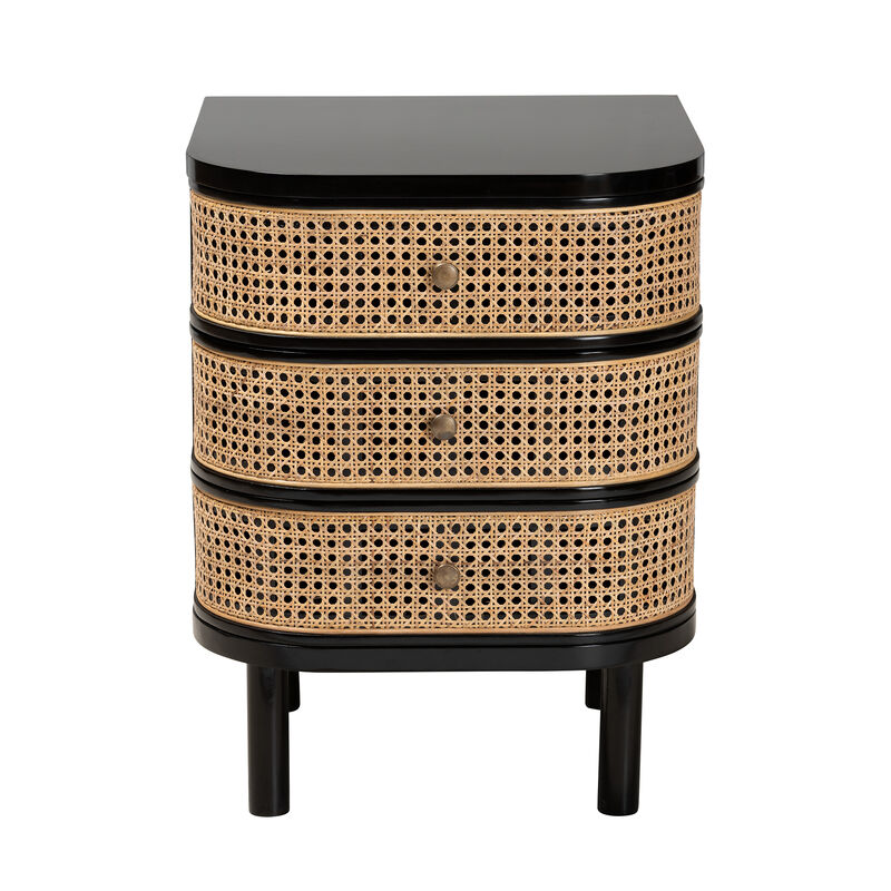 Bali & Pari Nabila Modern Black Bayur Wood and Natural Rattan 3-Drawer End Table Nightstand