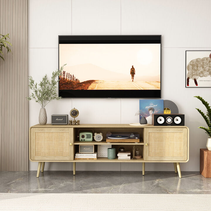 FUFU&GAGA Modern Rattan TV Stand with Storage Cabinets & Shelves, Gold Accents (70.9" W x 13.9" D x 23.2" H),Natural Wood Finish
