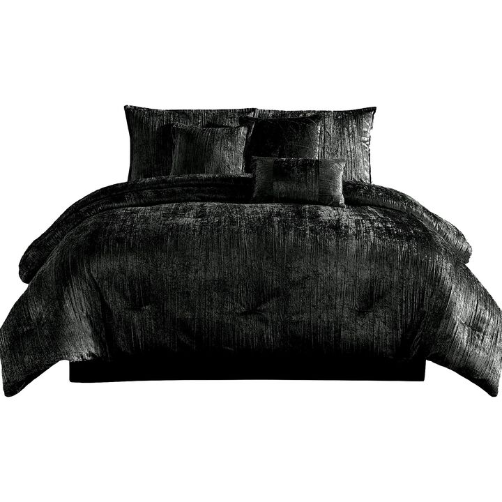 Jay 7 Piece Queen Comforter Set, Black Polyester Velvet Deluxe Texture - Benzara