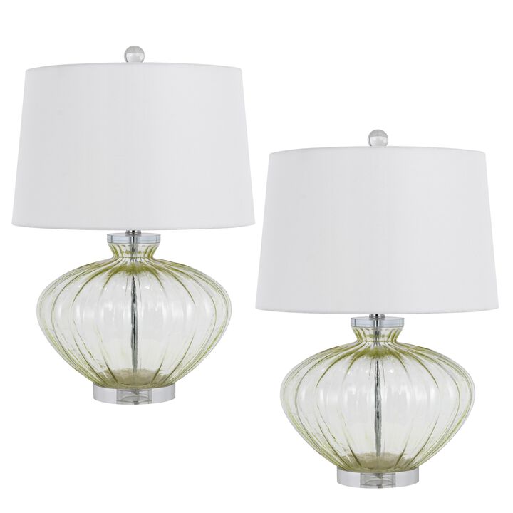 23 Inch Table Lamp Set of 2, Round Crystal Base, White Fabric Shade - Benzara