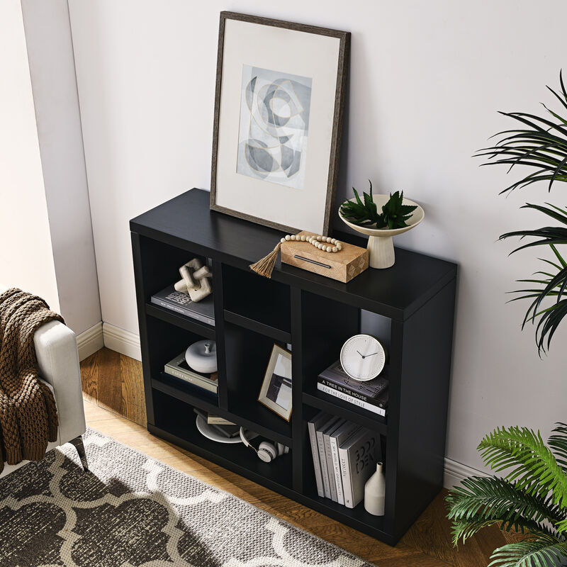 35.63 in.Tall Black Wood 7-Shelf Bookcase with Shelve