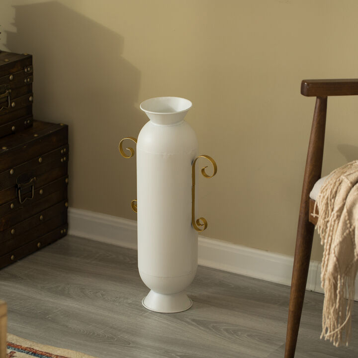 19.25 in Tall Decorative White Metal Floor Vase With 2 Gold Handles - Elegant Handcrafted Chic Vessel for Entryway, Living Room, or Dining Room - Modern Home Decor Accent - Tall Floor Standing Vase