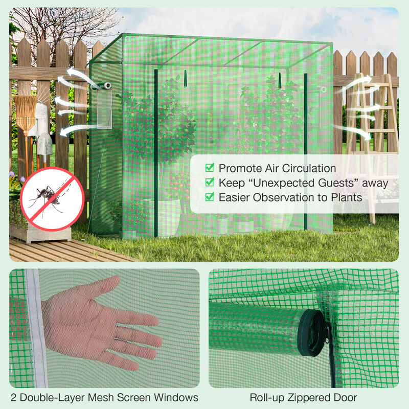 Outdoor Portable Walk-in Greenhouse with PE Cover Heavy-Duty Metal Frame Roll-up Zipper Door