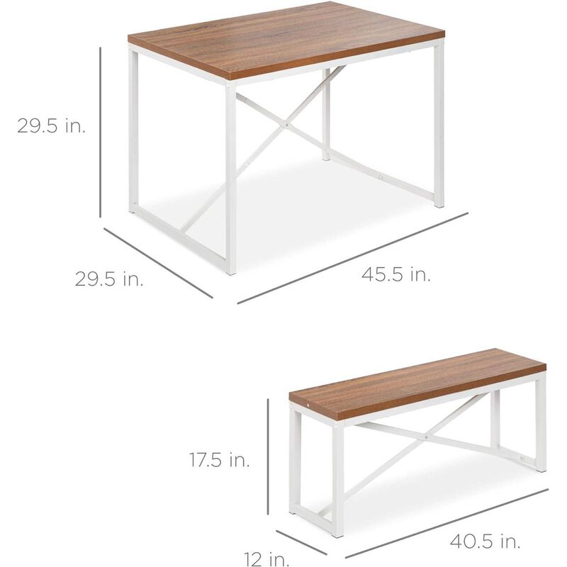 Modern 3 Piece Dining Set Wood Top White Metal Frame Table and 2 Bench Chairs