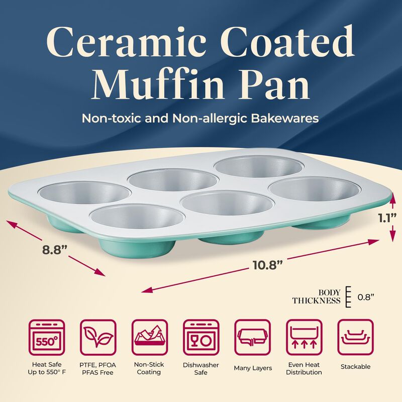 Bake with Elegance: 6-Cup Cake/Muffin Pan Set - Blue, Teal, Marble, Golden, Cream - Aluminized Steel with Ceramic Non-Stick Coating, PFOA & PFAS Free - Non-Toxic, Heavy-Duty Bakeware