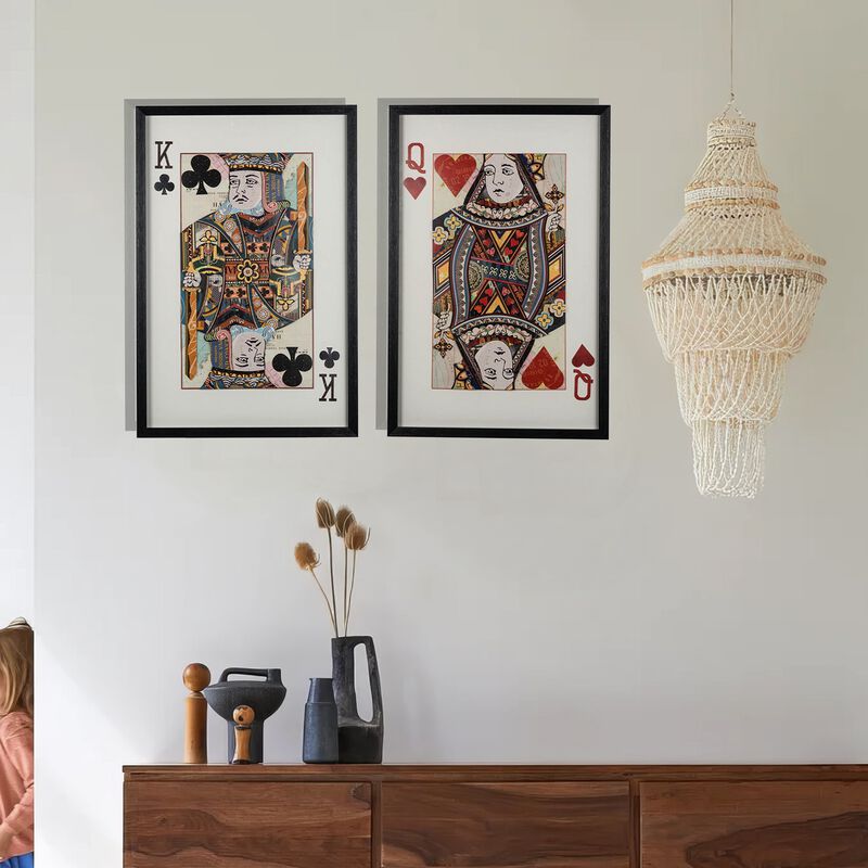 24 x 35 Set of 2 Framed Wall Art, King Queen Card Pair, Gold, Black, Red - Benzara