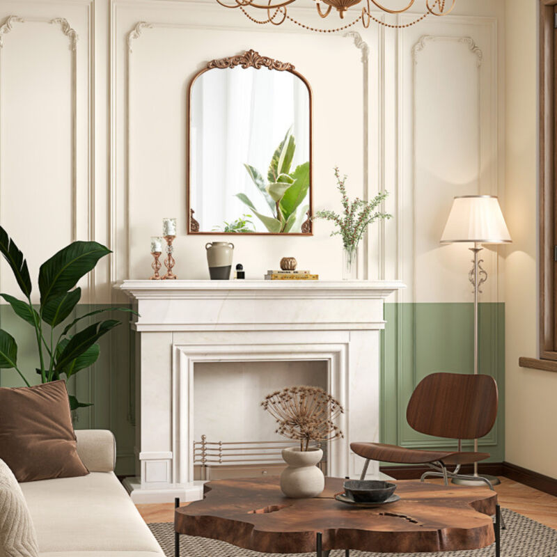 Traditional Arched Mirror with Gold Metal Frame and Baroque Design