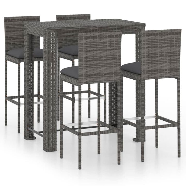 vidaXL 5 Piece Outdoor Bar Set with Cushions Poly Rattan Gray