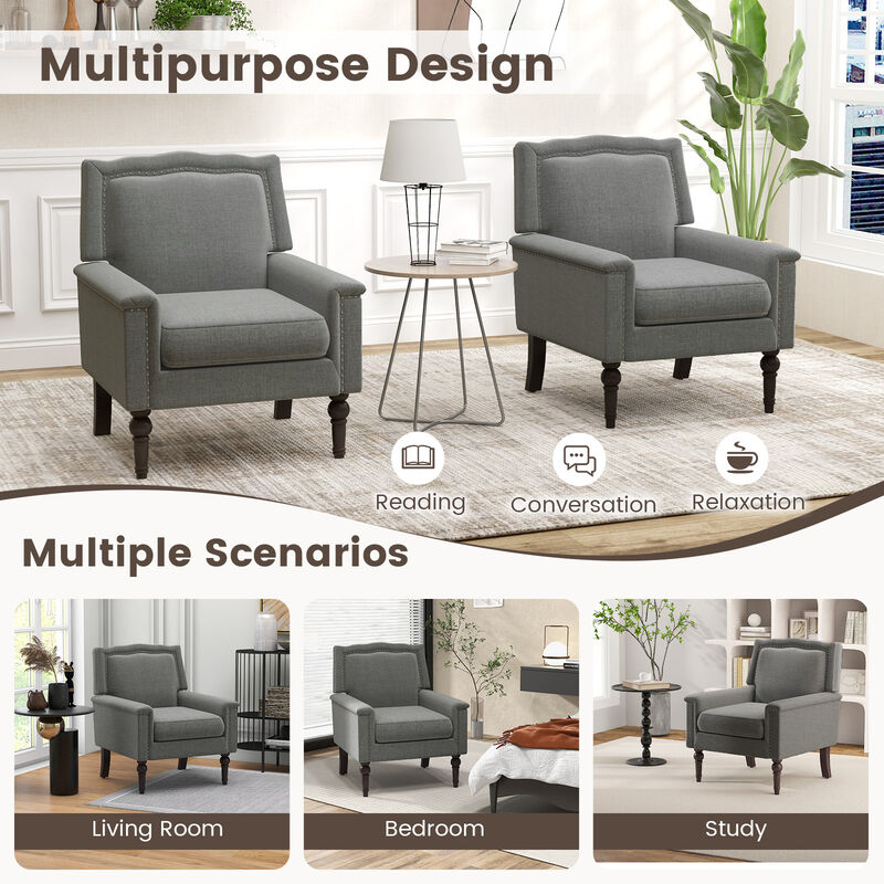 Mid-century Modern Armchair Linen Fabric Upholstered Accent Chair with Cushion-Gray