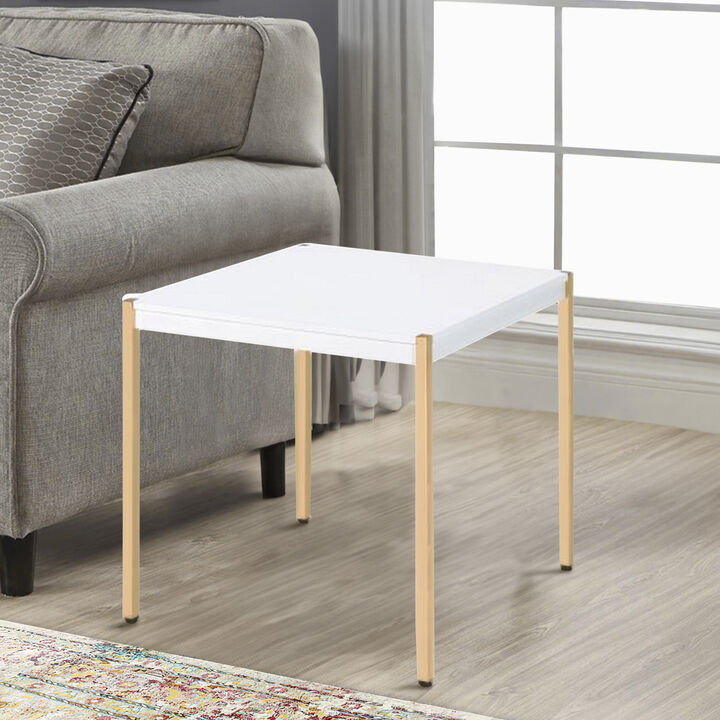 End Table with Metal Tube Legs, White and Gold-Benzara