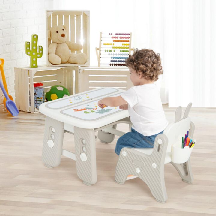 Hivvago Kids Table and Chair Set with Flip-Top Bookshelf-Gray