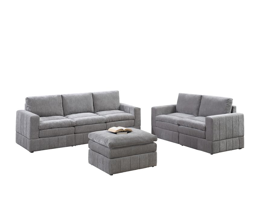 6 Piece Modular Sectional Set: 4 One Arm Chair, 1 Wedge, 1 Armless Chair, 1 Ottoman, Granite Color