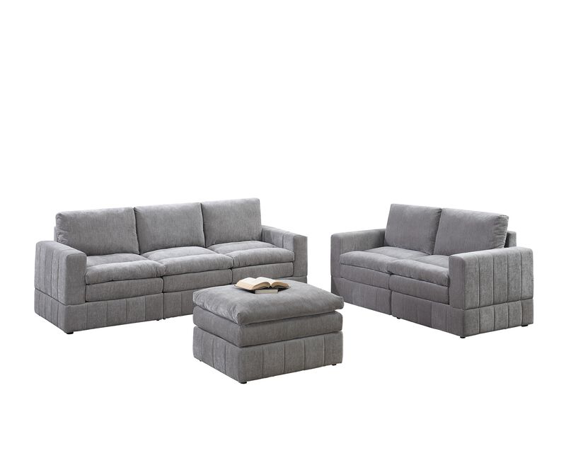 6 Piece Modular Sectional Set: 4 One Arm Chair, 1 Wedge, 1 Armless Chair, 1 Ottoman, Granite Color