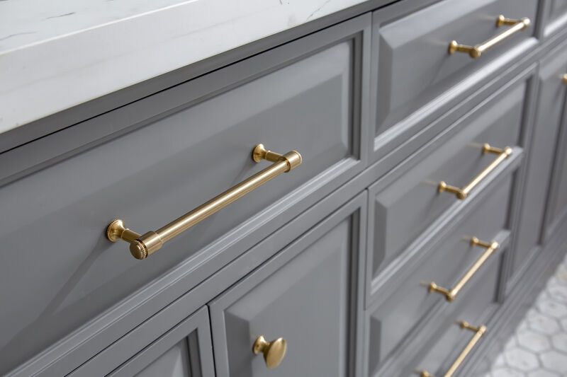 Palace 72 In. Double Sink Carrara Quartz Countertop Bath Vanity in Cashmere Grey with Satin Gold Hardware