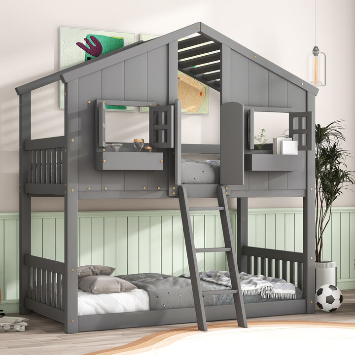 Twin over Twin House Bunk Bed with Roof , Window, Window  Box, Door , with Safety Guardrails and Ladder,White