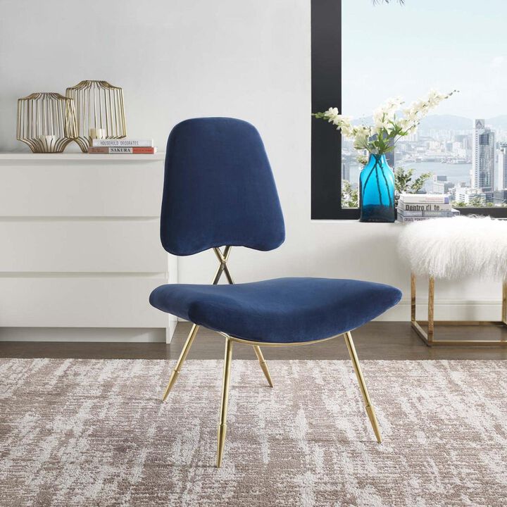 Modway Ponder Performance Velvet Upholstered Modern Lounge Accent Chair in Navy with Gold Stainless Steel Legs