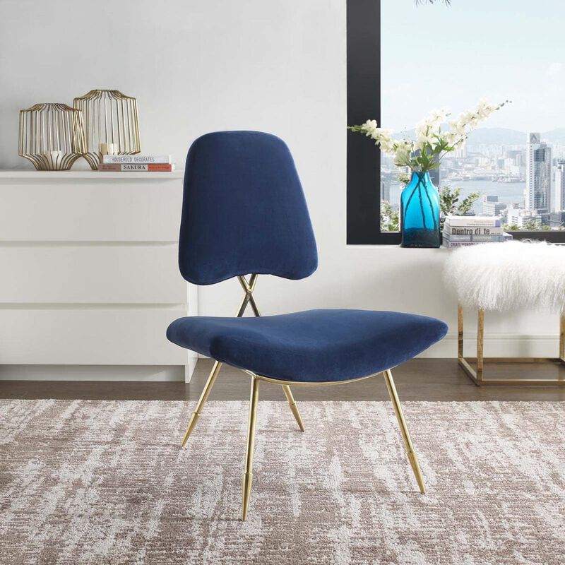 Modway Ponder Performance Velvet Upholstered Modern Lounge Accent Chair in Navy with Gold Stainless Steel Legs