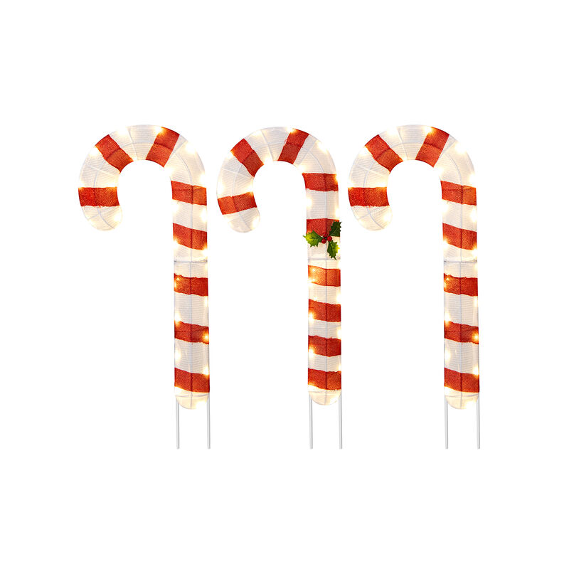 Set of 3 Pre-Lit Candy Canes with 75 LED Lights & Ground Stakes