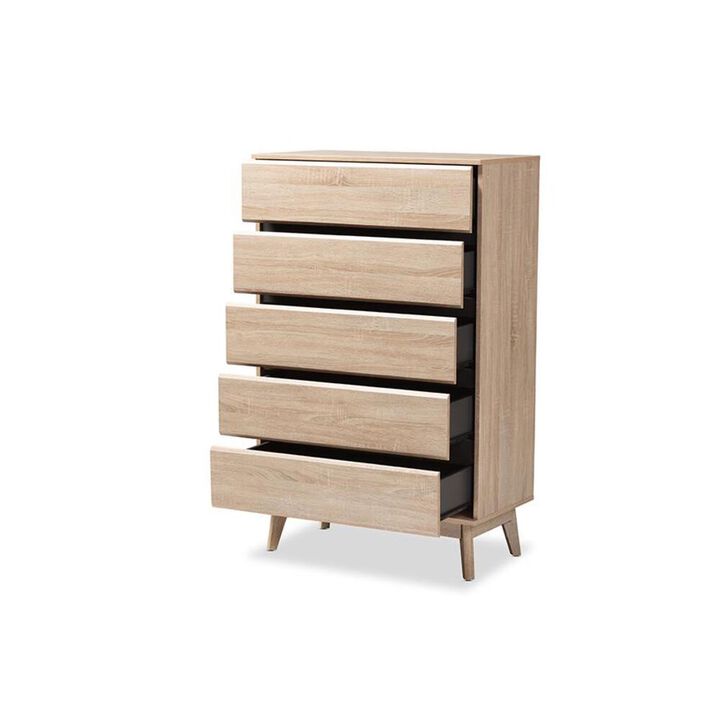 Baxton Studio Miren Mid-Century Modern Light Oak and Dark Grey 5-Drawer Chest