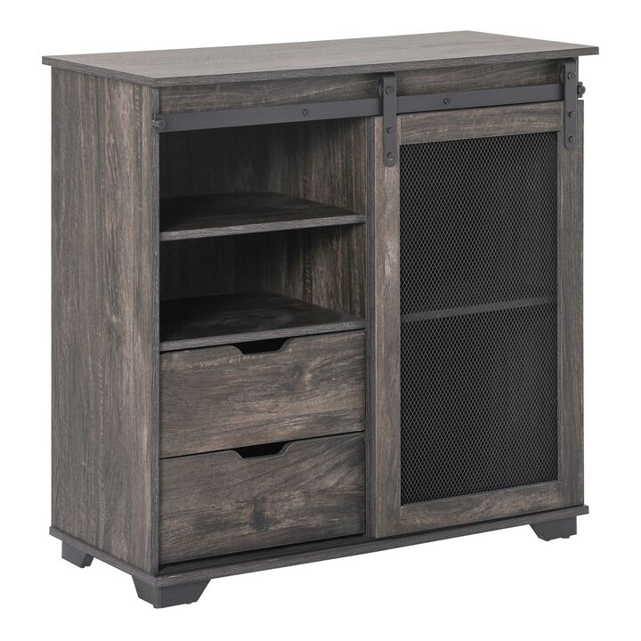 Dark Brown/Black Buffet: Industrial Sideboard with Metal Mesh Door