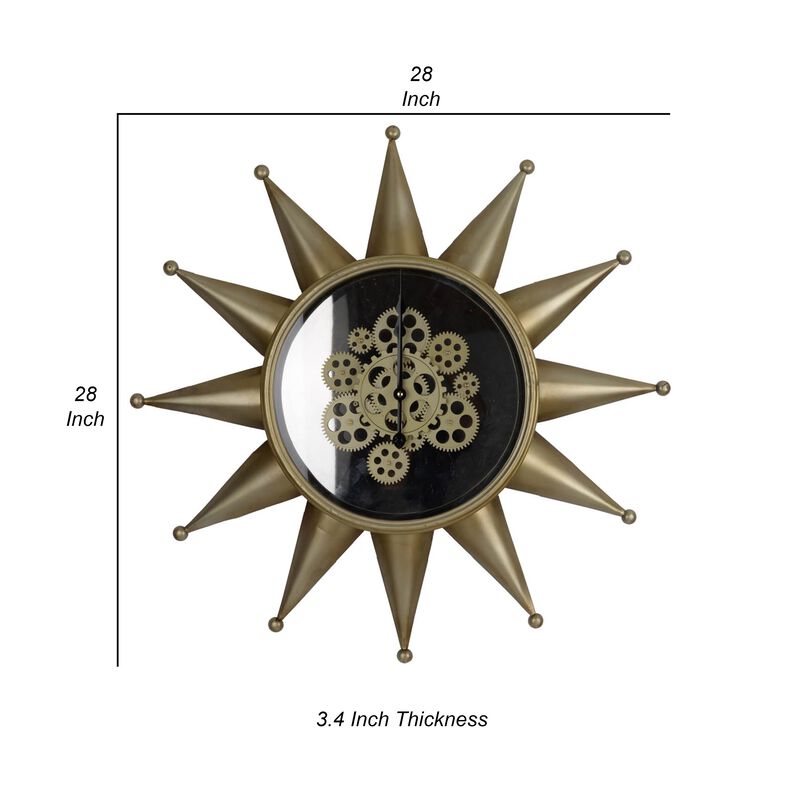 28 Inch Hanging Wall Clock, Sunlike Star Gear Design, Iron, Gold and Black - Benzara