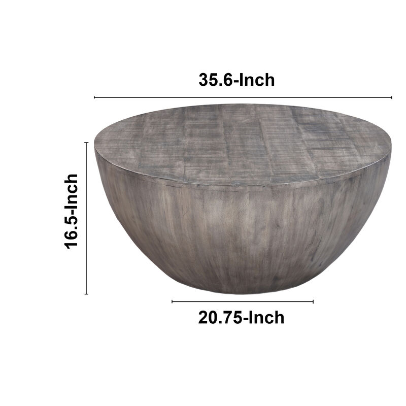 36 Inch Round Coffee Table, Handcrafted Drum Shape, Mango Wood with Olive Gray Finish - Benzara