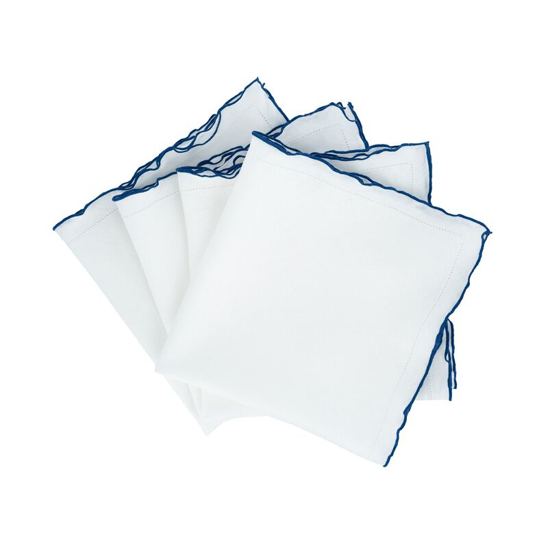 Linen Napkins With Navy Ruffled Hemstitch Edges, Set of 4