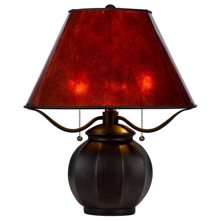 20 Inch Table Lamp, Vintage Red Amber Mica Shade, Upturned Arms, Round Body-Benzara