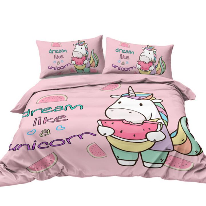 3-Piece Unicorn Watermelon Duvet Cover Set Cute and Colorful Bedding for a Fun and Whimsical Bedroom Decor