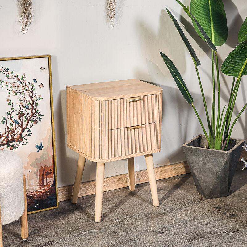 Bedside Table 2 Drawers Natural Wood
