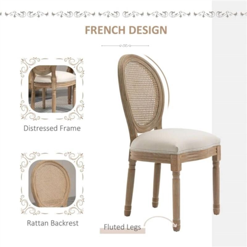 Hivvago Set of 2 Vintage Upholstered Armless Rattan Back Dining Chairs Beige White