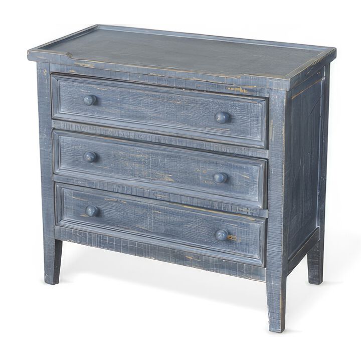 Rena Side End Table with 3 Drawers, 28 Inch Rustic Blue Mahogany Wood - Benzara
