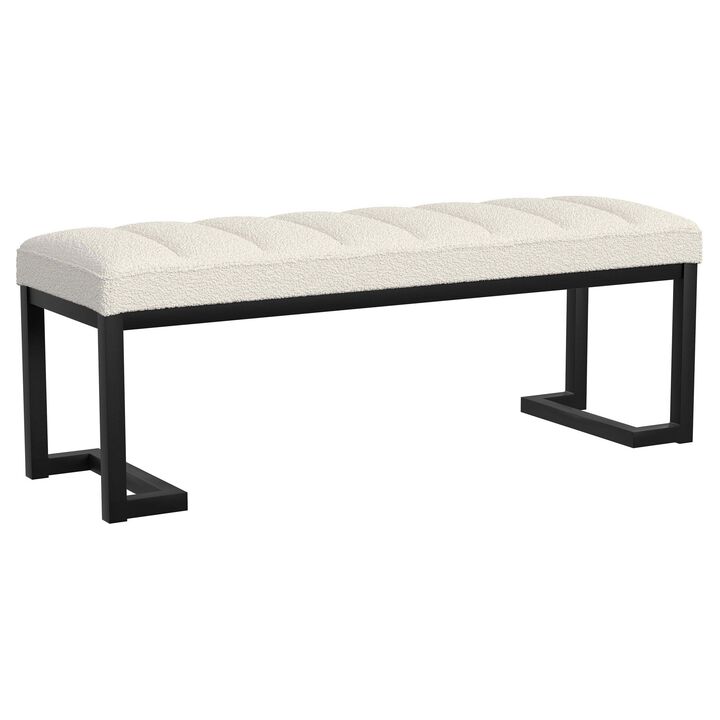 Mezza Accent Bench, Tufted Ivory Boucle Fabric, Black Metal, 48 Inch - Benzara