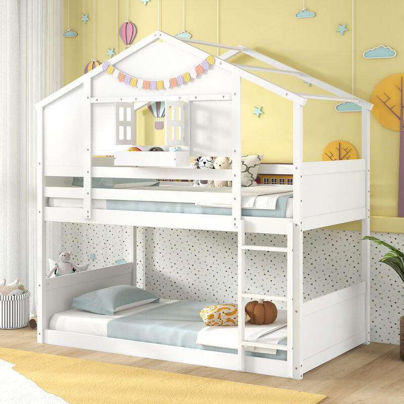 Bunk Bed for Kids with Roof and Lockable Window