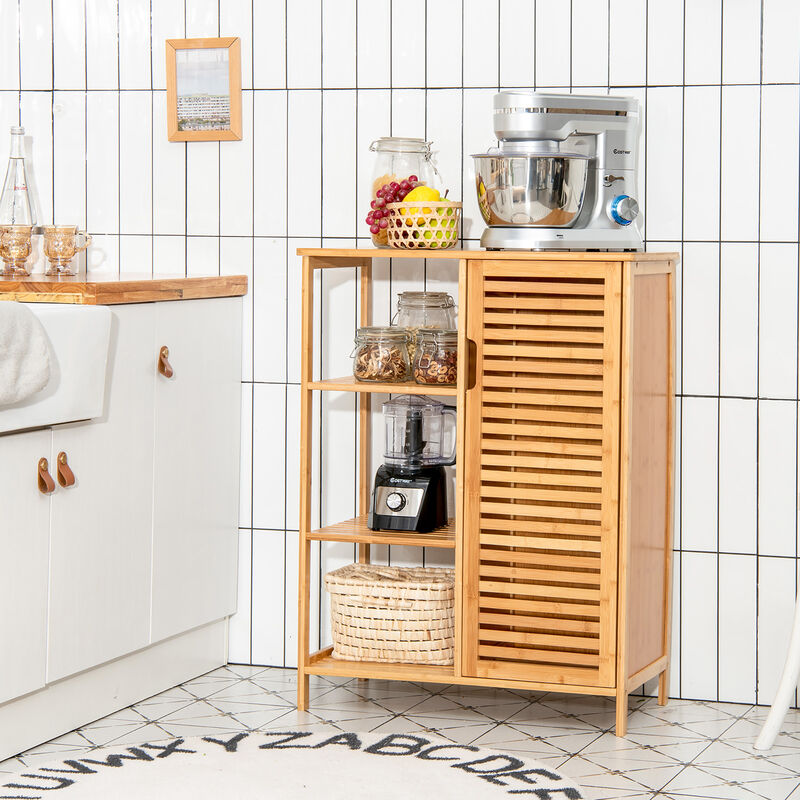 Costway Bathroom Cabinet Bamboo Storage Floor Cabinet w/ Single Door & 3 Open Shelves