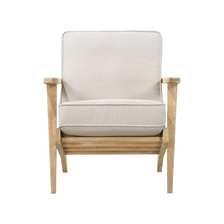 36 Inch Accent Chair Armchair, Beige Chenille, Weathered Solid Rubberwood - Benzara