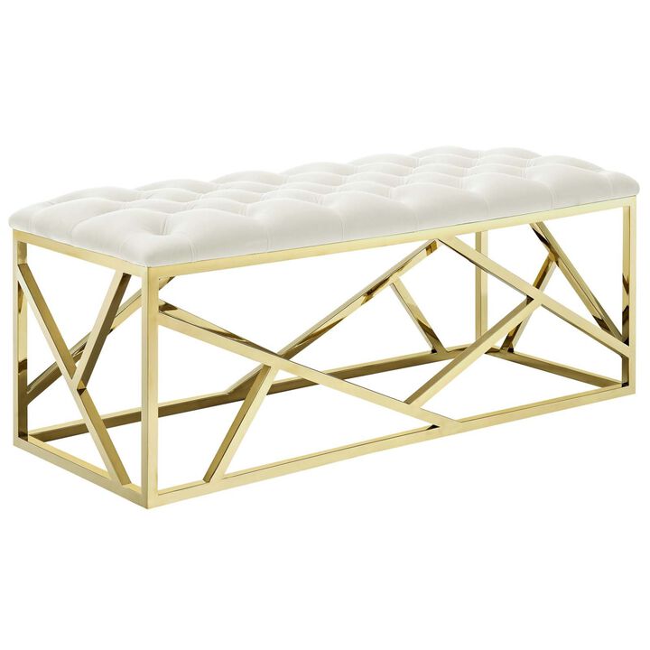 Modway Intersperse Tufted Modern Bench With Gold Stainless Steel Geometric Frame In Gold Ivory