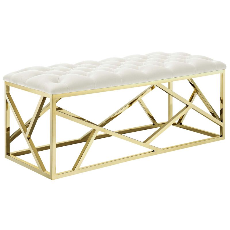 Modway Intersperse Tufted Modern Bench With Gold Stainless Steel Geometric Frame In Gold Ivory