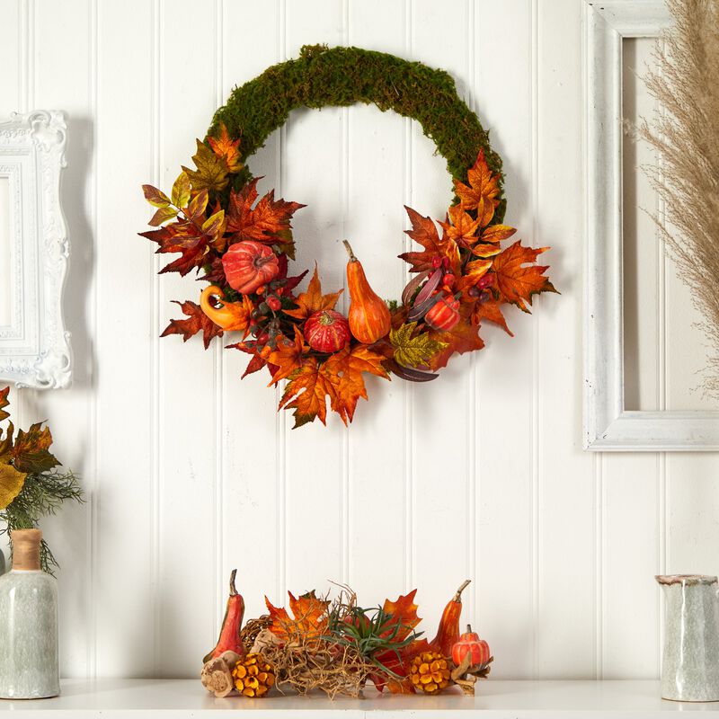 Hivvago 20" Autumn Pumpkin, Gourd and Fall Maple Leaf Artificial Wreath