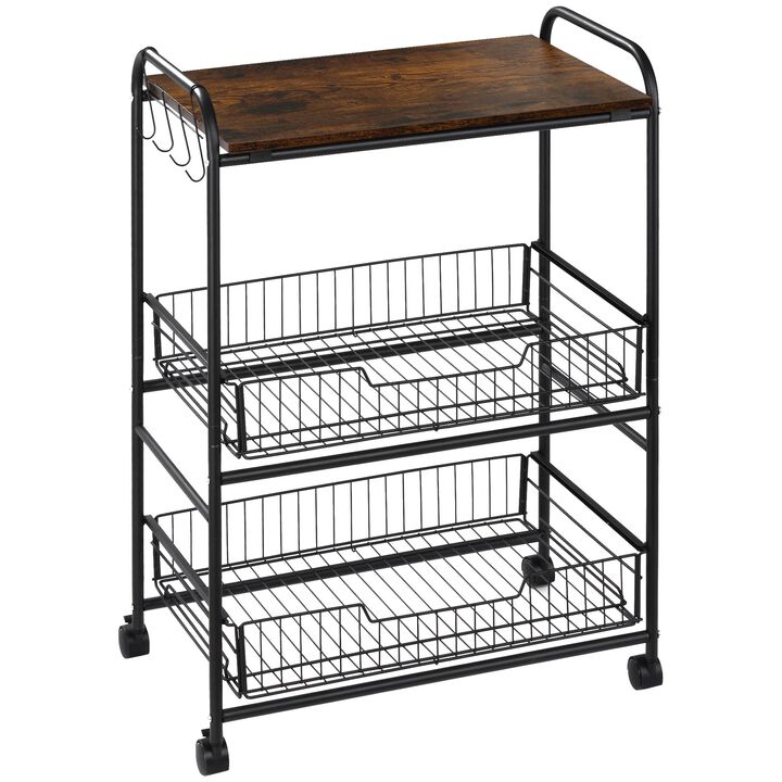 Brown Culinary Aid: 24" 3-Tier Rolling Cart with Basket Drawers