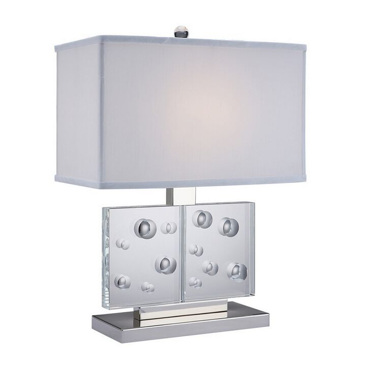 22 Inch Table Lamp, Crystal Stand, Rectangular Shade, Metal, Clear -Benzara