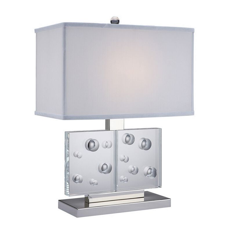 22 Inch Table Lamp, Crystal Stand, Rectangular Shade, Metal, Clear -Benzara
