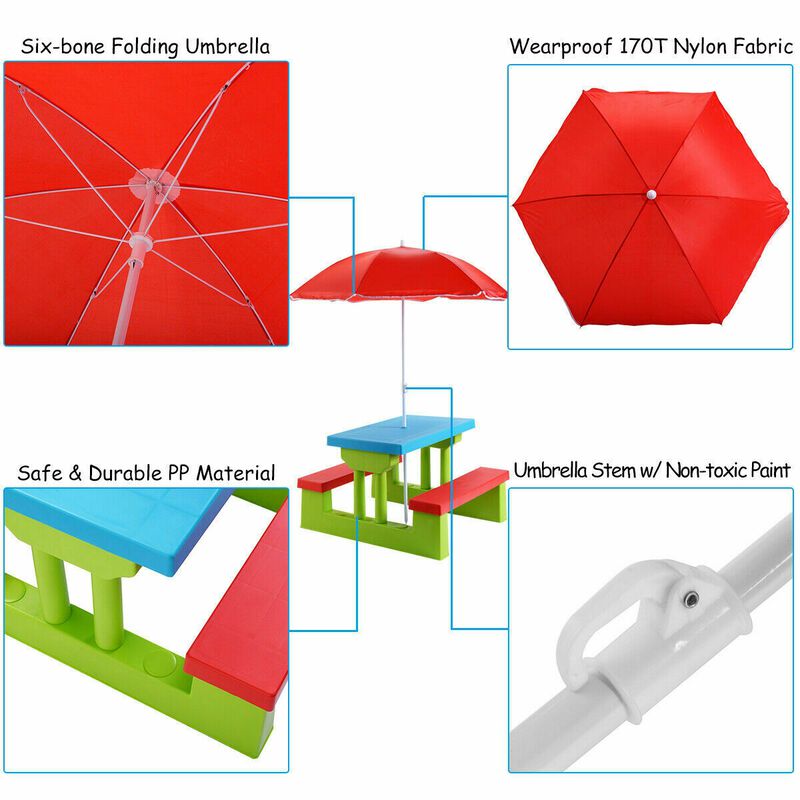 Kids Picnic Folding Table and Bench with Umbrella