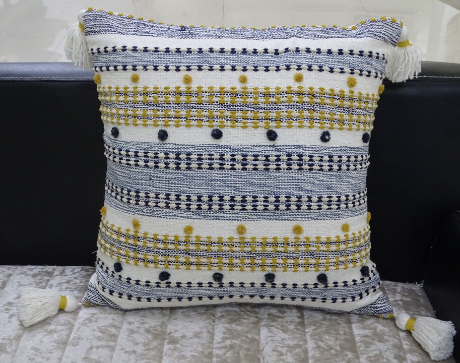 20"x20" Designer Striped Pillow with Mini Poms and Tassels