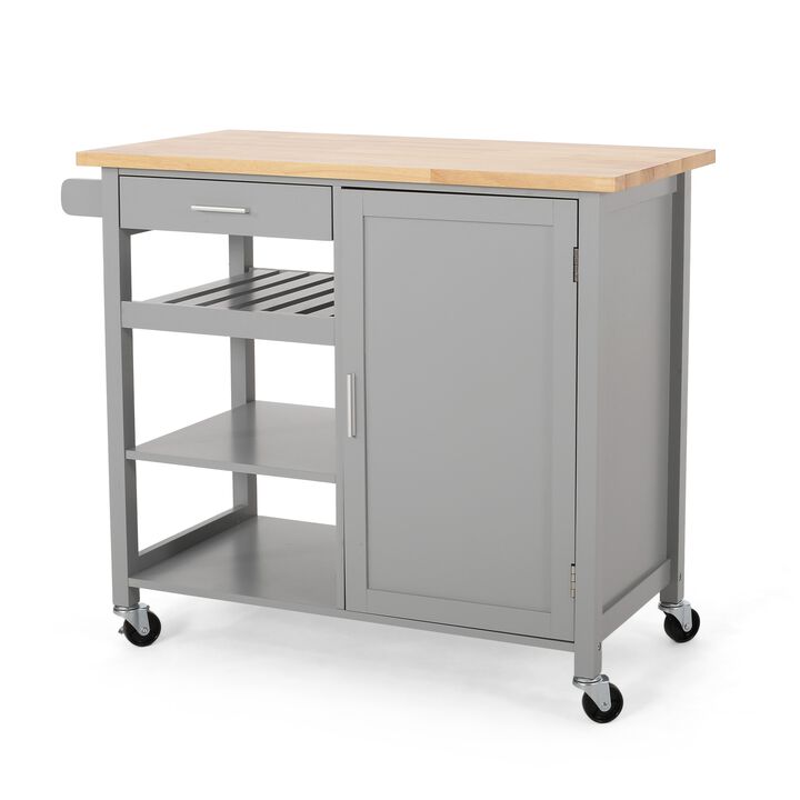Alex Rolling Kitchen Bar Cart, 3 Shelves, 1 Cabinet, Brown Wood, Gray - Benzara