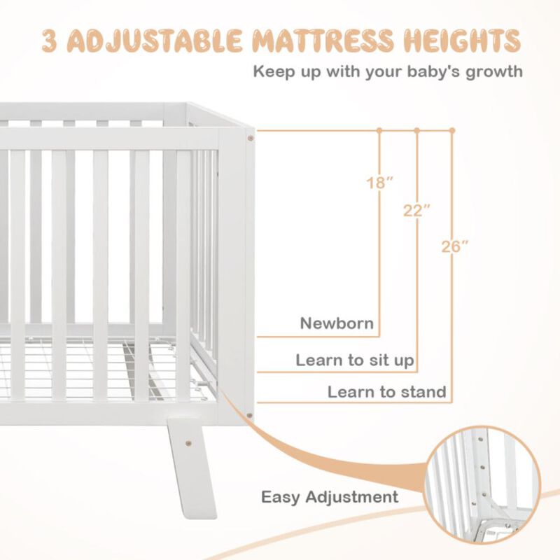 Hivvago Rubber Wood Baby Crib with Adjustable Mattress Heights and Guardrails-White